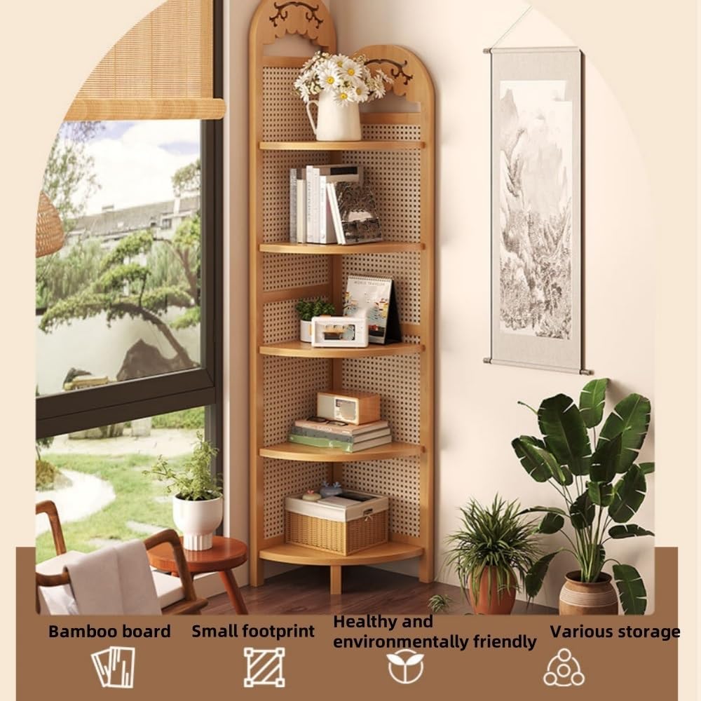Vintage Corner Bookshelf and Storage Cabinet, Multi-Tier Shelf for Books, Multi-Function Corner Shelf, Home Decoration, Living Room Wall Bookshelf(Natural)