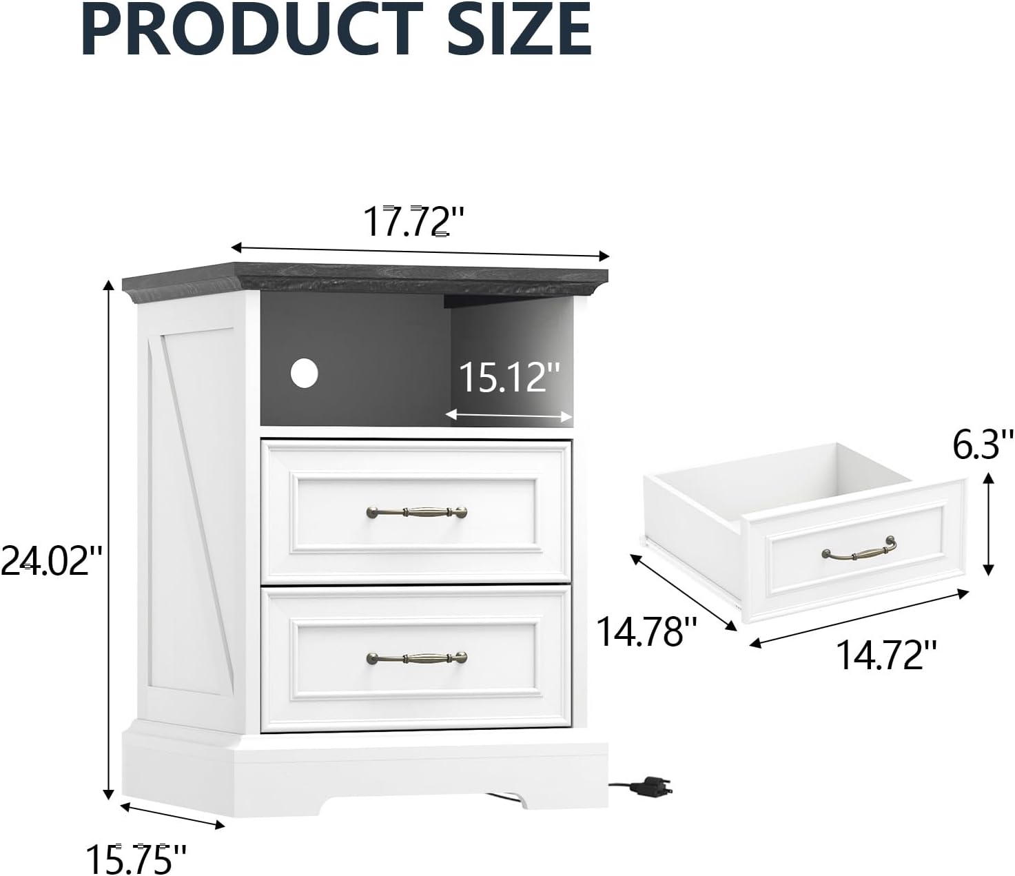 Nightstand with Charging Station,18' Wide End Table with 2 Large Drawers & Metal Handles,Rustic Farmhouse Wood Small Dresser,Bedside Table,Modern Chest of Drawers for Bedroom,Living Room,Off White