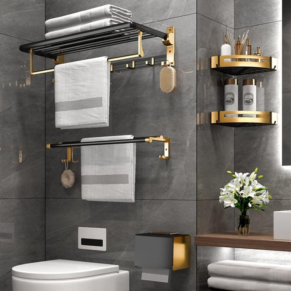 LSLYTQ Shower Caddy Bathroom Hotel Bath Towel Rack Shelf, Toilet Paper Holder, Double Towel Bar Accessories, Aluminum Alloy, Black Gold 50cm Bathroom Shelf Storage