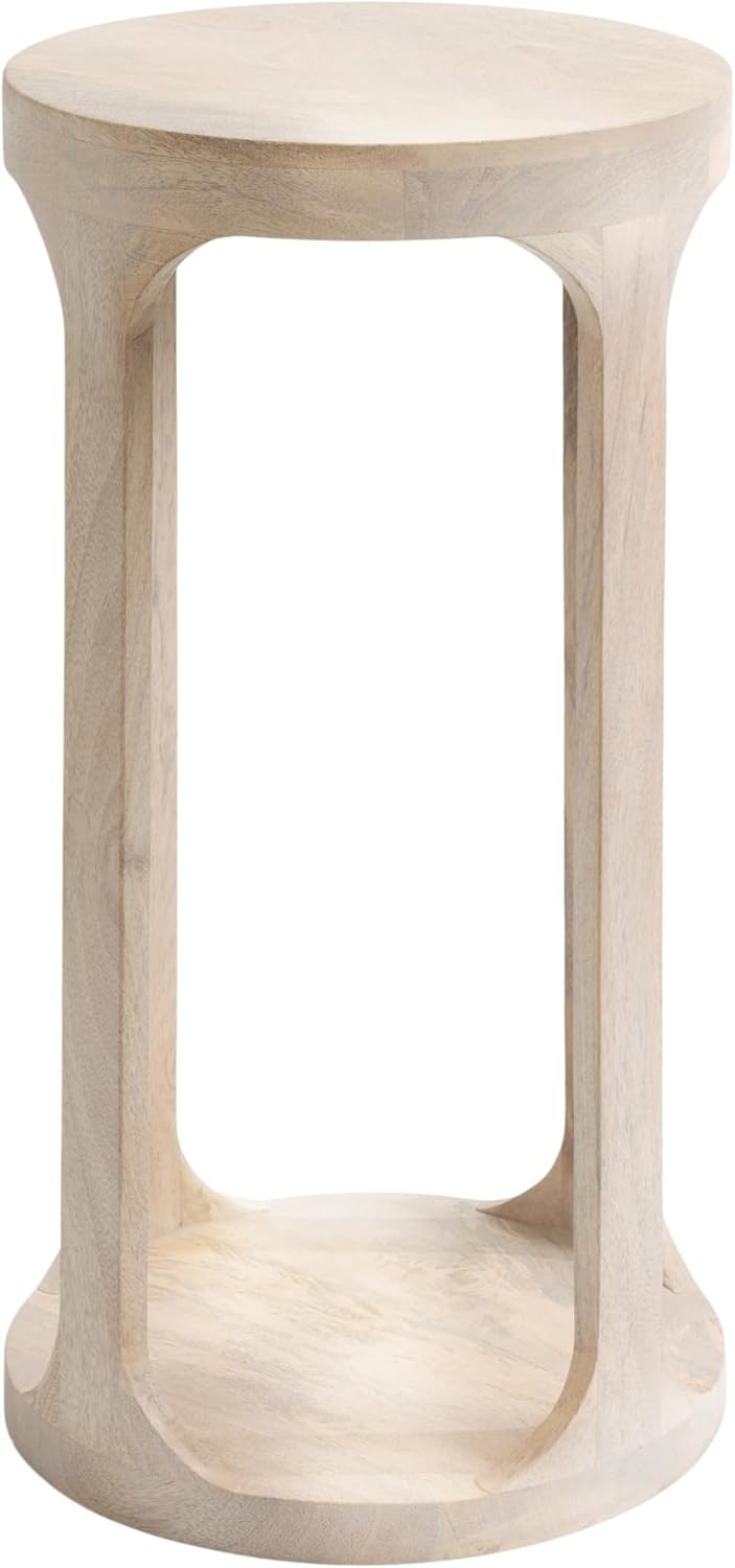 Kate and Laurel Dahl Wooden Round Drink Table; 12 x 23; Whitewash; Transitional Boho Circle Wood Accent Pedestal Table for Living Room Plant Stand or Small Bedroom Nightstand