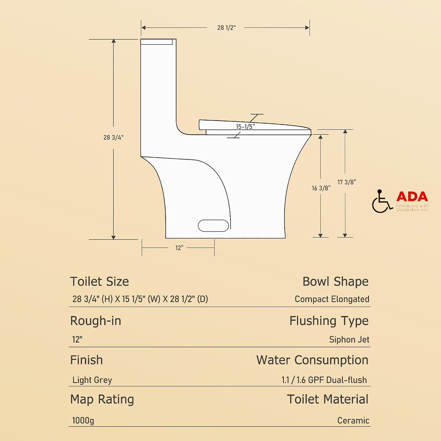 Dual Flush One Toilet, Water Saving Elongated Comfort Height Floor Mounted, Soft Closing Seat, 1000 Gram Map Flushing SToilet, Light Grey