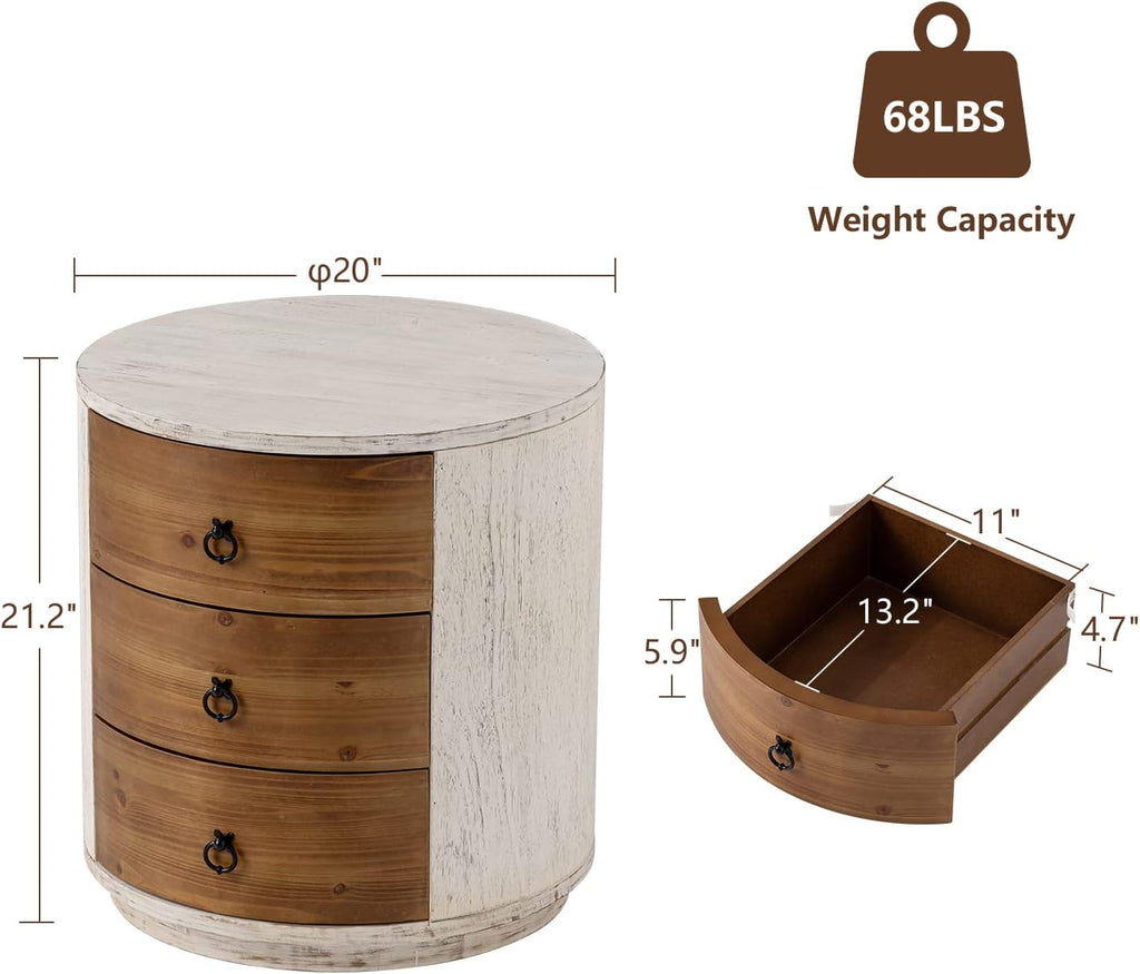 COSIEST Bedside Table Set of 2, Wood Nightstand 3 Drawers, Farmhouse Round End Table with 3 Drawers, Dresser with Drawers for Bedroom, Living Room