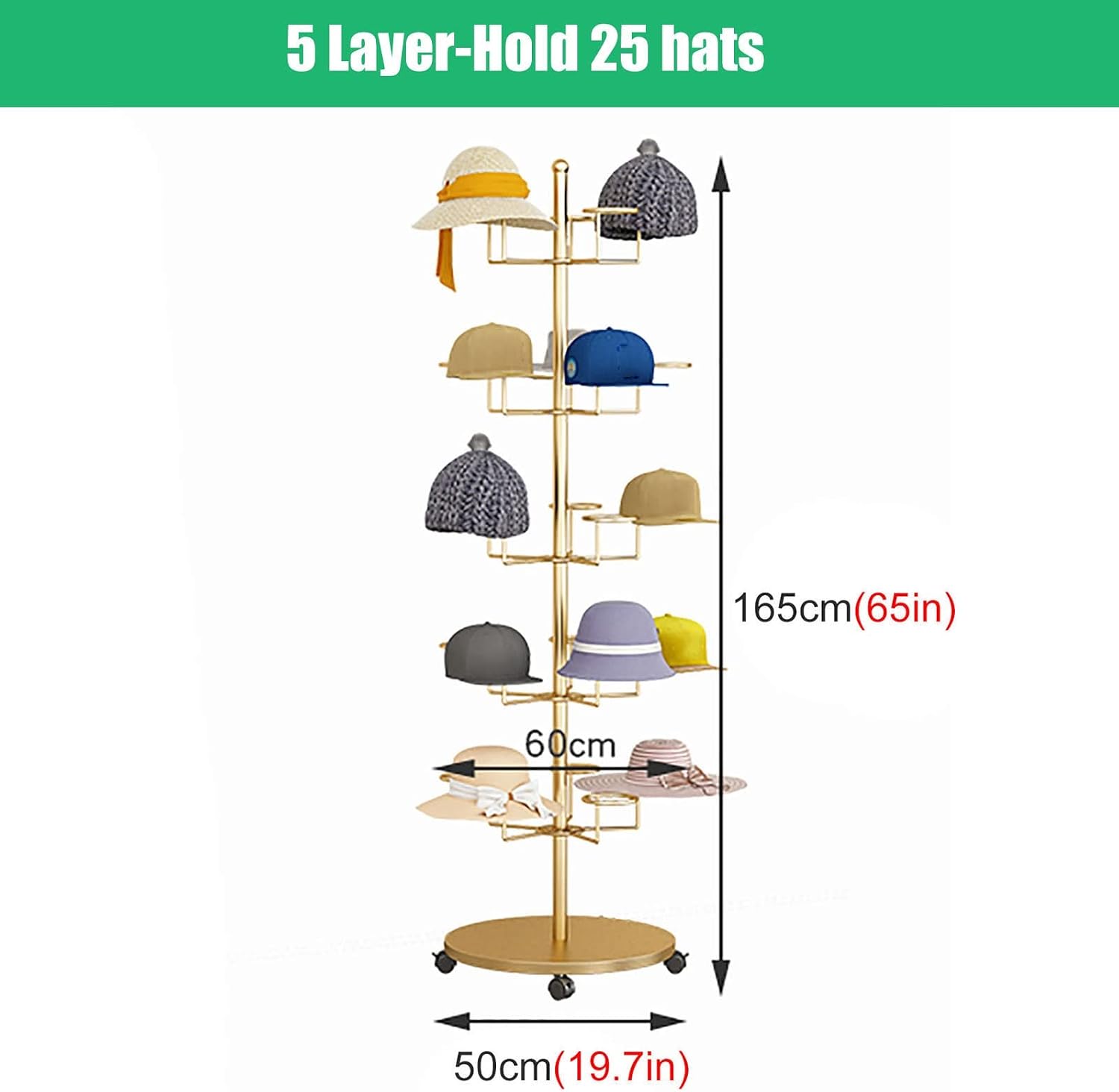 Hat Rack Hat Display Stand Floor Standing Gold Hat Racks Organisers with Wheels, Commercial Multi-Layer Hat Holder Stand for Cowboy/Baseball Caps, Large Capacity