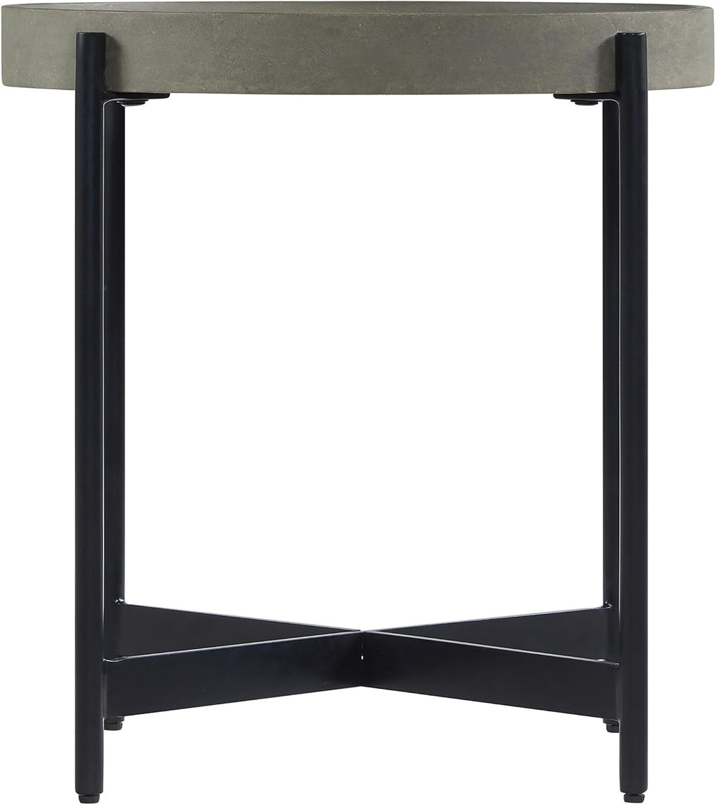 Brookline 20-Inch Round Wood End Table with Concrete Coating and Powder-Coated Iron Legs – Tray Style Top Home Accent for Living Room, Bedroom or Office by Alaterre Furniture (Gray)