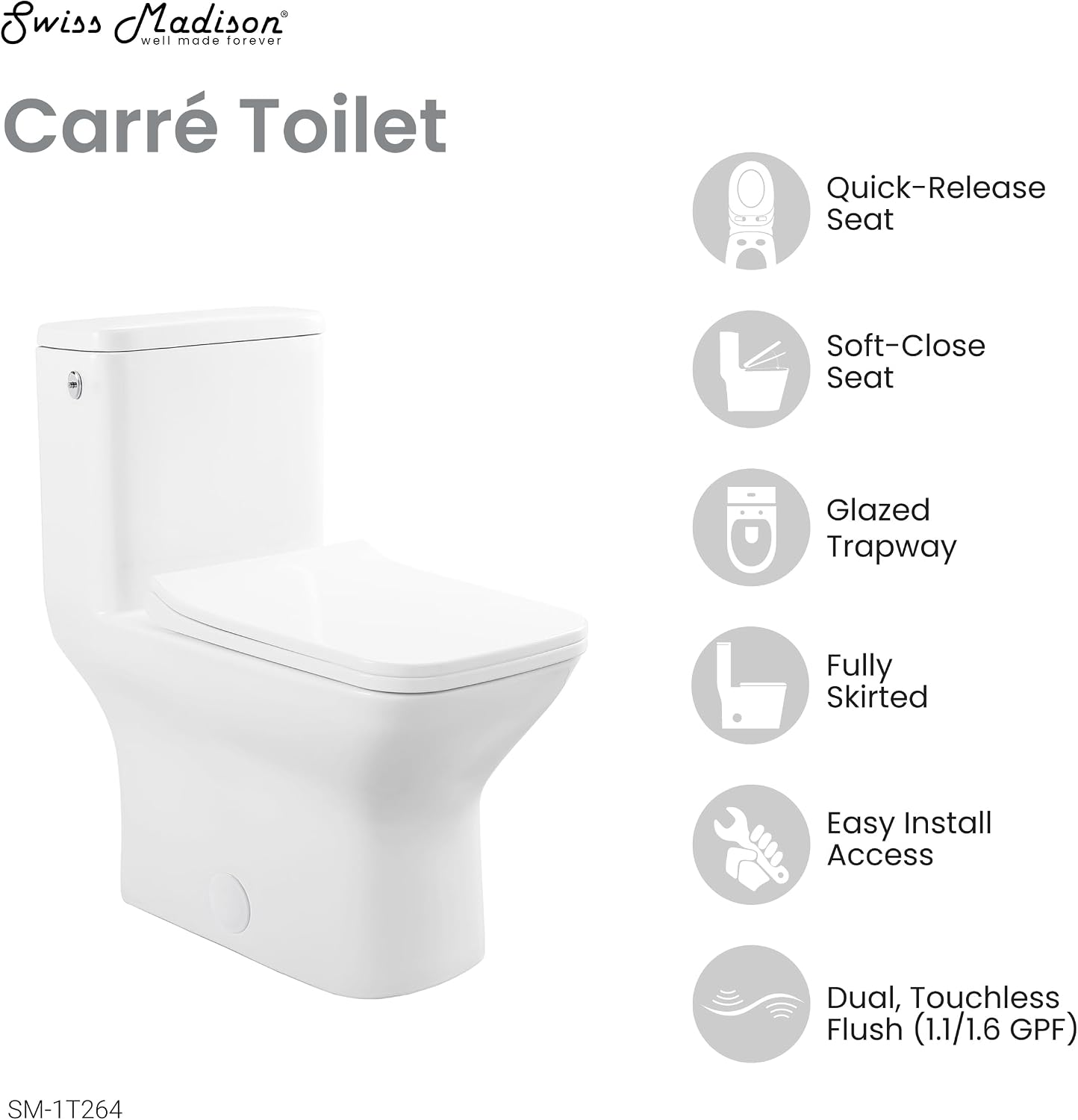Carre One-Piece Square Toilet Dual-Flush 1.1/1.6 gpf, Touchless
