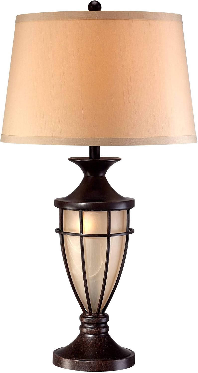 John Timberland Mission Style Table Lamp with Nightlight 33' Tall Champagne Glass Brushed Iron Cage Beige Fabric Drum Shade for Living Room Bedroom House Bedside Nightstand Home Office Entryway