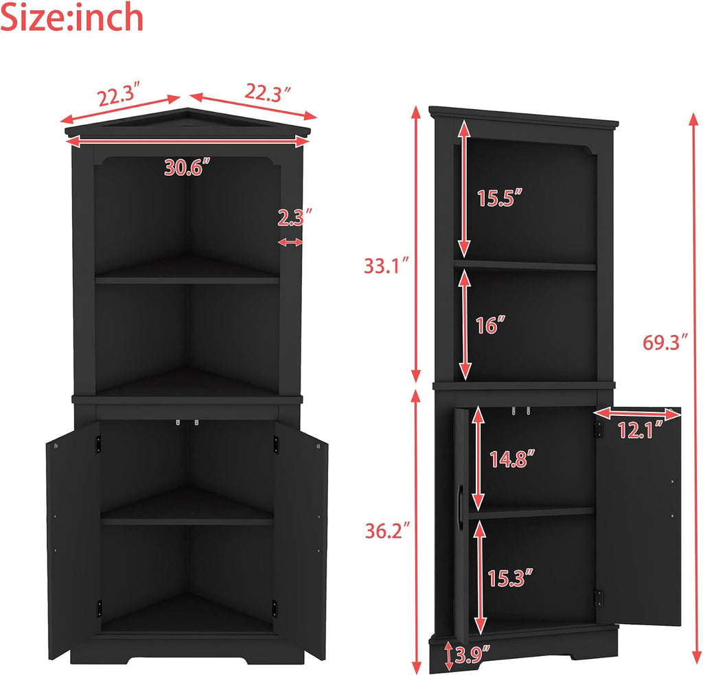 DOFFO Tall Bathroom Corner Cabinet, 69.3'H Freestanding Corner Storage Cabinet with 2 Doors and Open Shelves, Bathroom Floor Storage Display Organizer for Living Room, Dining Room and Kitchen (Black)