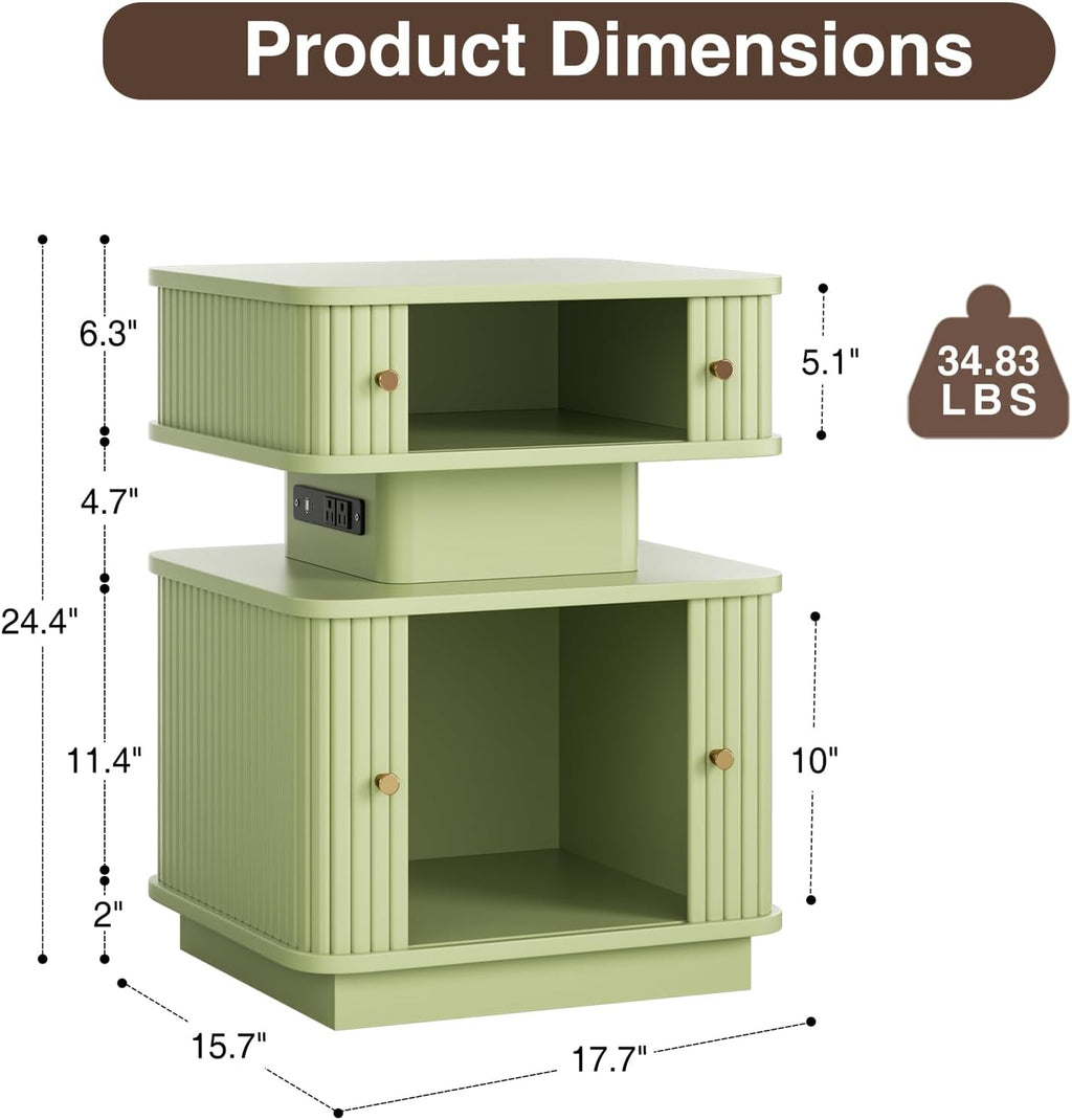 Set of 2 LED Light End Table with Charging Station, Green Mid Century Bedside Table with USB Type A C Ports, Small Fluted Accent TV Control Nightstand with Sliding Door for Living Room, Curvy Edge