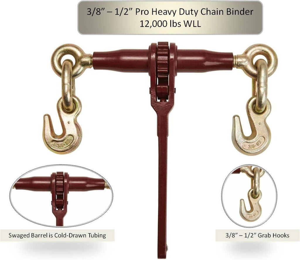 Mytee Products 4 Pack 3/8' - 1/2' Pro Heavy Duty Ratchet Load Chain Binder with with Grab Hooks - 12,000 Lbs Working Load Limit - Heavy Swaged Barrel Cold-Drawn Tubing for Increased Strength