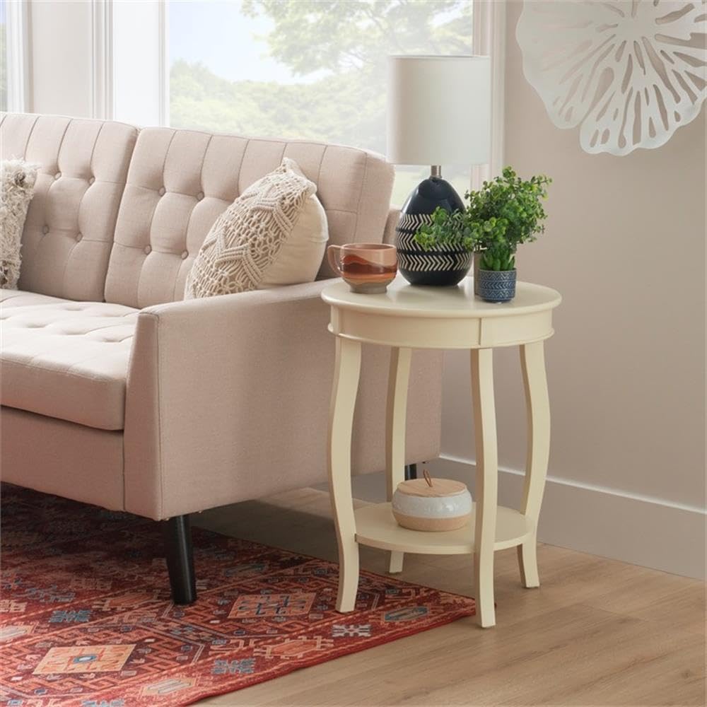 Pemberly Row Contemporary Wood Accent End Table, 18.5' W x 18.5' D x 24' H, Timber and MDF, Off White Finish, Round Shelves with Storage, Cabriole Tapered Legs, Living Room or Bedroom Use