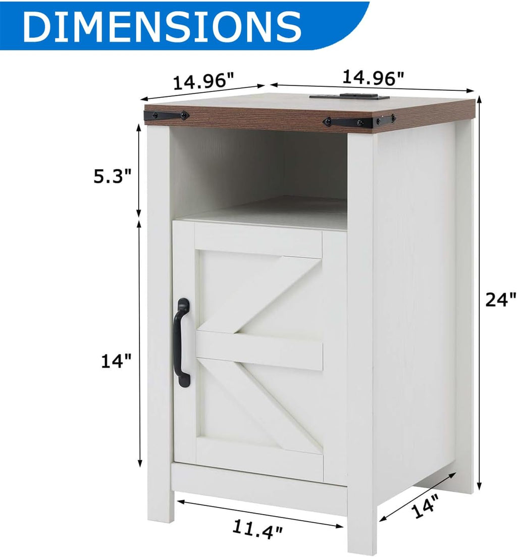 Farmhouse Nightstand Set of 2, Bedside Table with Charging Station, Night Stand with Barn Door, White End Table Sofa Side, Nightstand Storage for Bedroom Living Room, White