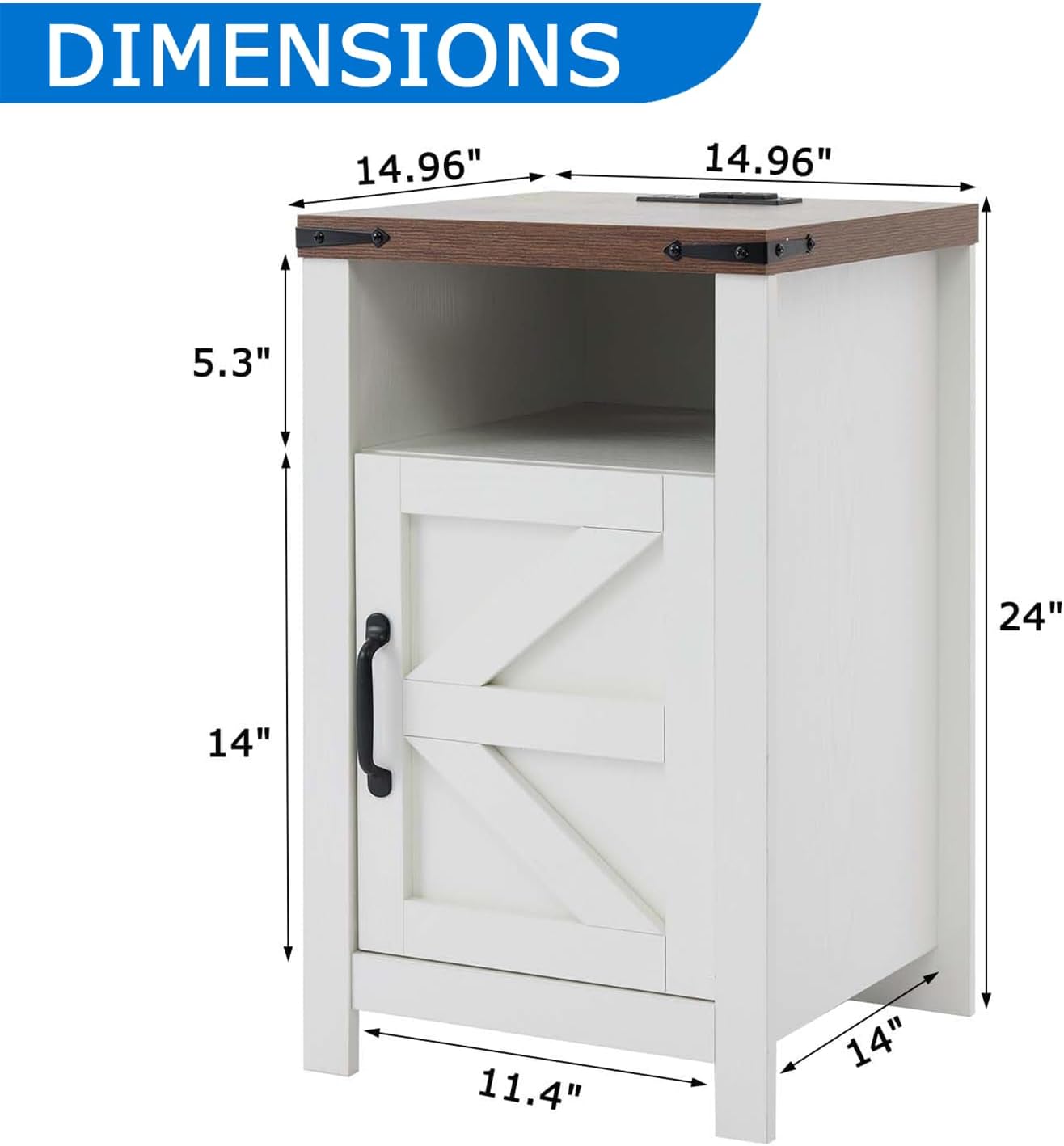 Farmhouse Nightstand Set of 2, Bedside Table with Charging Station, Night Stand with Barn Door, White End Table Sofa Side, Nightstand Storage for Bedroom Living Room, White