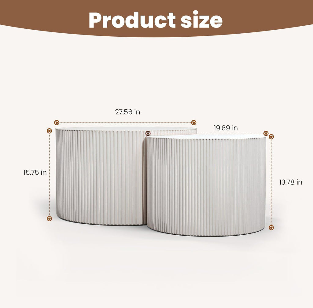 Round Nesting Coffee Table Wood Drum Nesting Tables Modern Stacking Coffee Table Set of 2 Fluted Center Table End Table for Living Room Home Office Small Spaces, No Assembling (White Large)