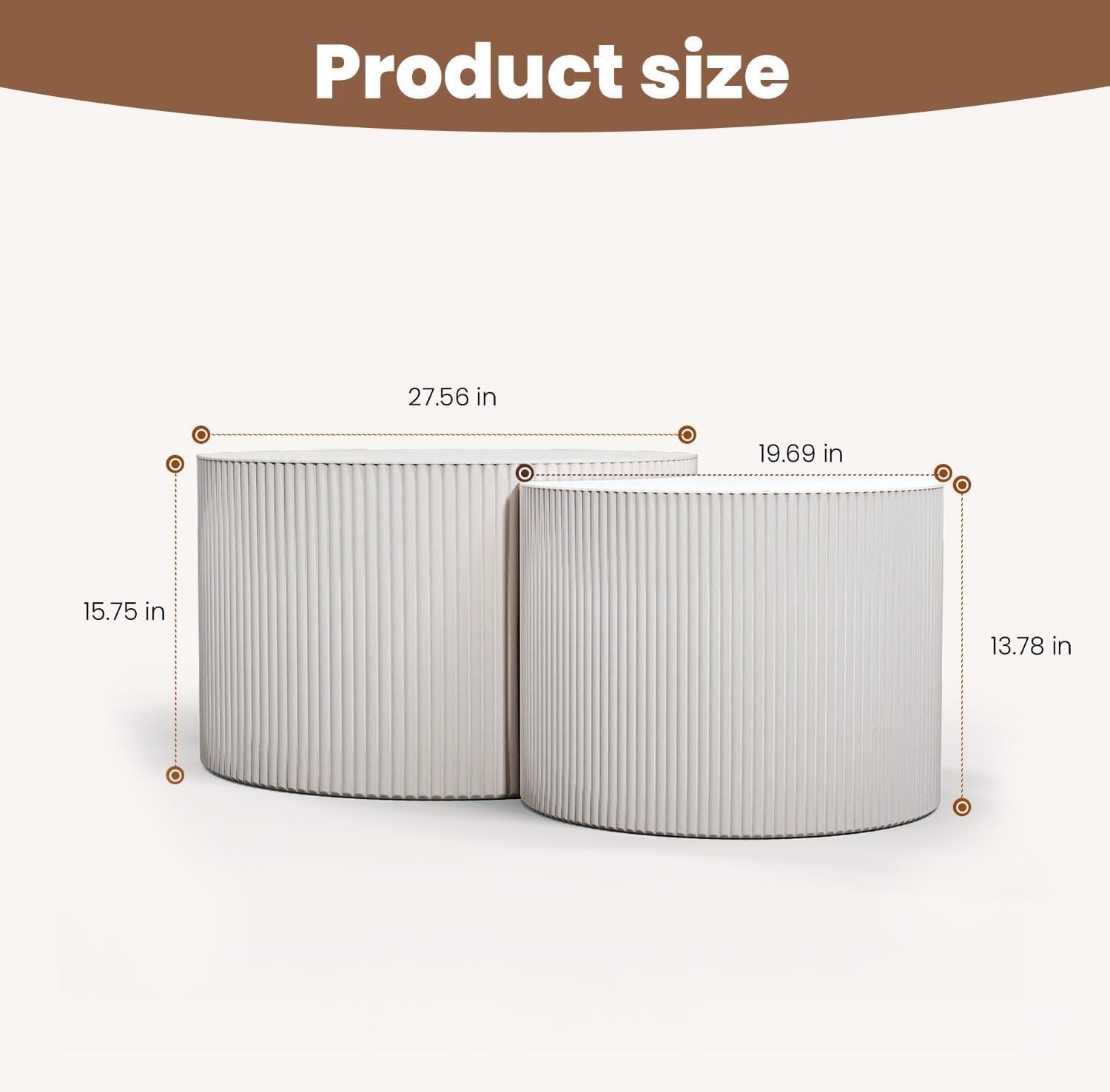 Round Nesting Coffee Table Wood Drum Nesting Tables Modern Stacking Coffee Table Set of 2 Fluted Center Table End Table for Living Room Home Office Small Spaces, No Assembling (White Large)