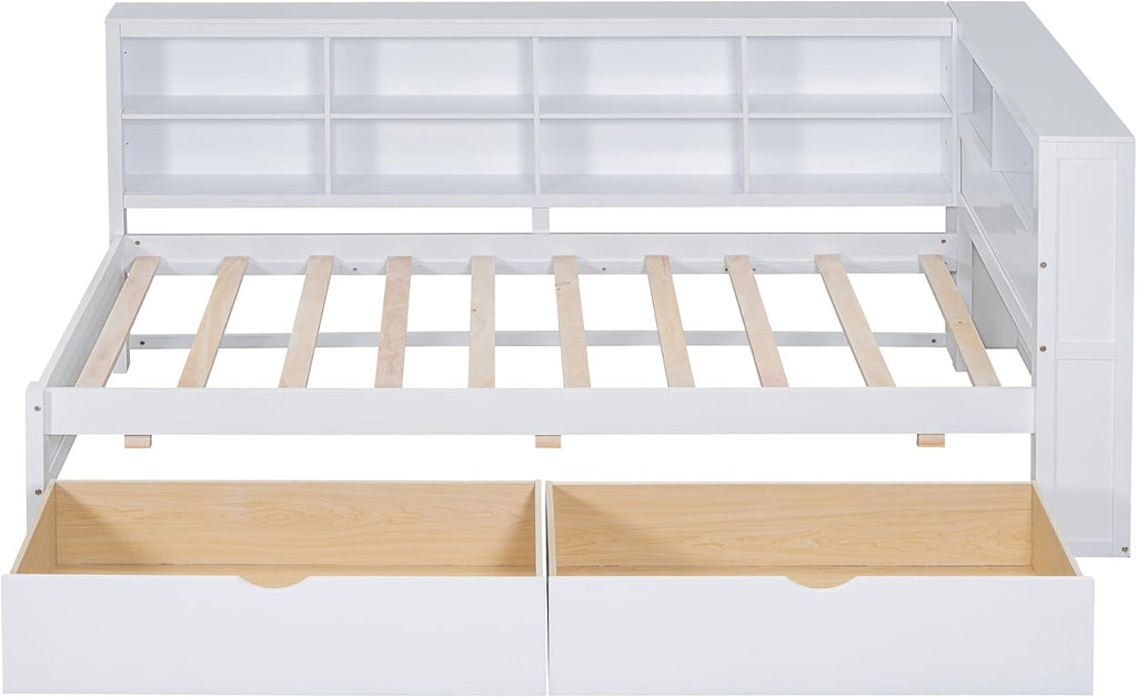 Harper & Bright Designs Twin Size Daybed with 2 Storage Drawers, Wooden Corner Bed Frame with Storage Shelf and USB Charging Ports for Kids Teens, White