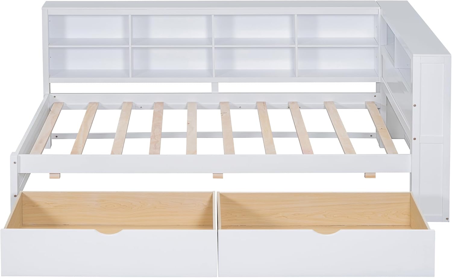 Harper & Bright Designs Twin Size Daybed with 2 Storage Drawers, Wooden Corner Bed Frame with Storage Shelf and USB Charging Ports for Kids Teens, White
