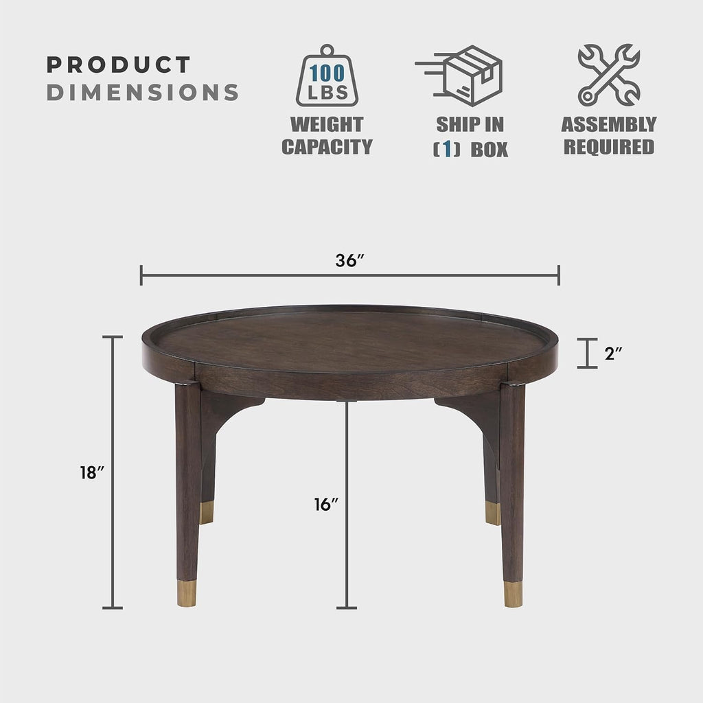 Lexicon Round Wood Coffee Table with Gold Metal Cap, 36' Dia. Mid Century Modern Round Birch Wood Veneer Accent Table for Contemporary Living Room, Easy Assembly, Dark Brown