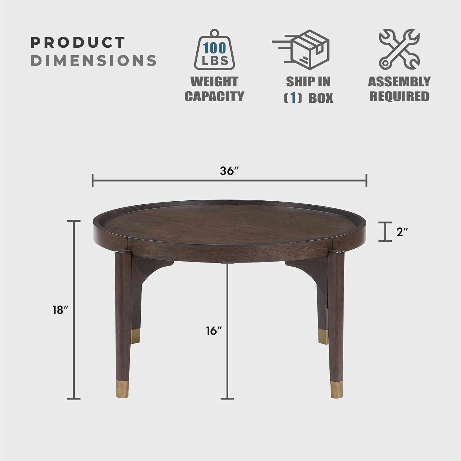 Lexicon Round Wood Coffee Table with Gold Metal Cap, 36' Dia. Mid Century Modern Round Birch Wood Veneer Accent Table for Contemporary Living Room, Easy Assembly, Dark Brown