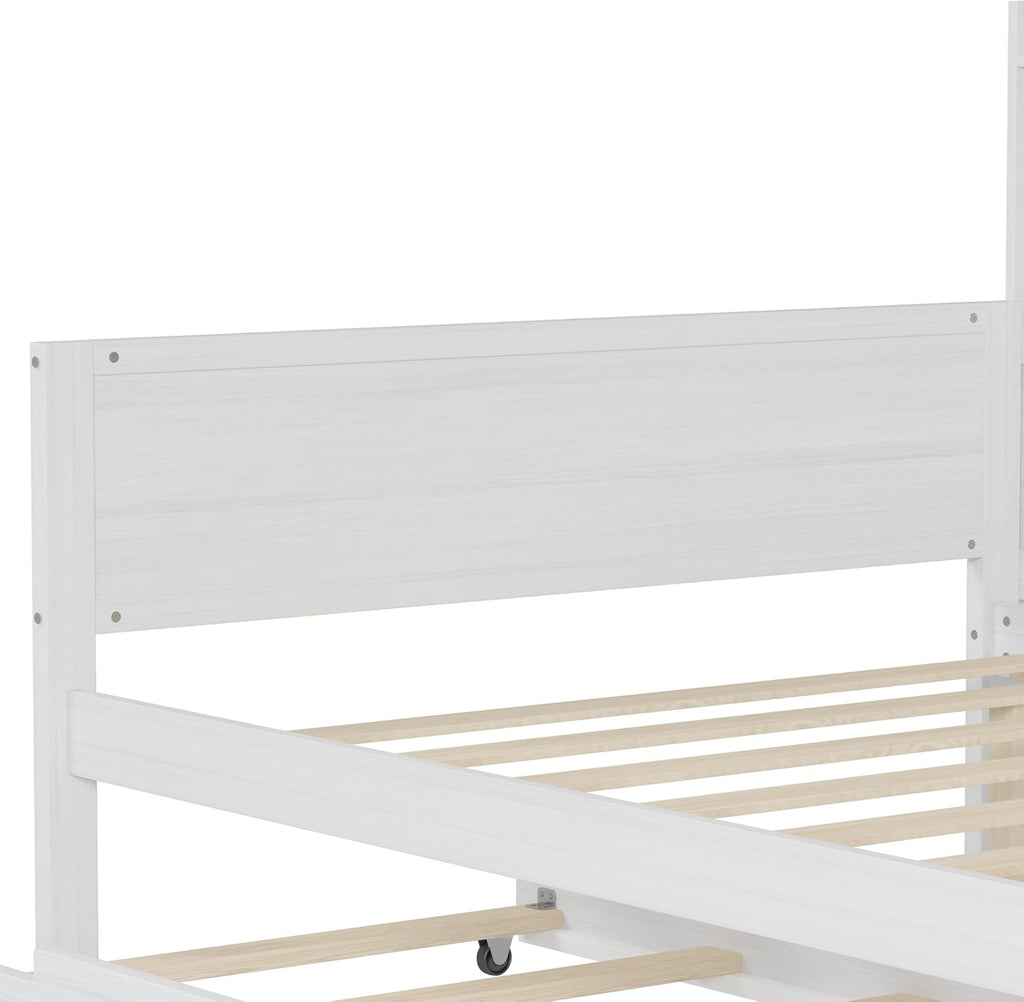 Wood Twin Size Corner Day Bed with Twin Trundle and Desk,L Shape Corner Daybed Frame with Storage Shelves and Wood Slat Support for Kids Teens Bedroom Guest Room,No Box Spring Needed,Antique White
