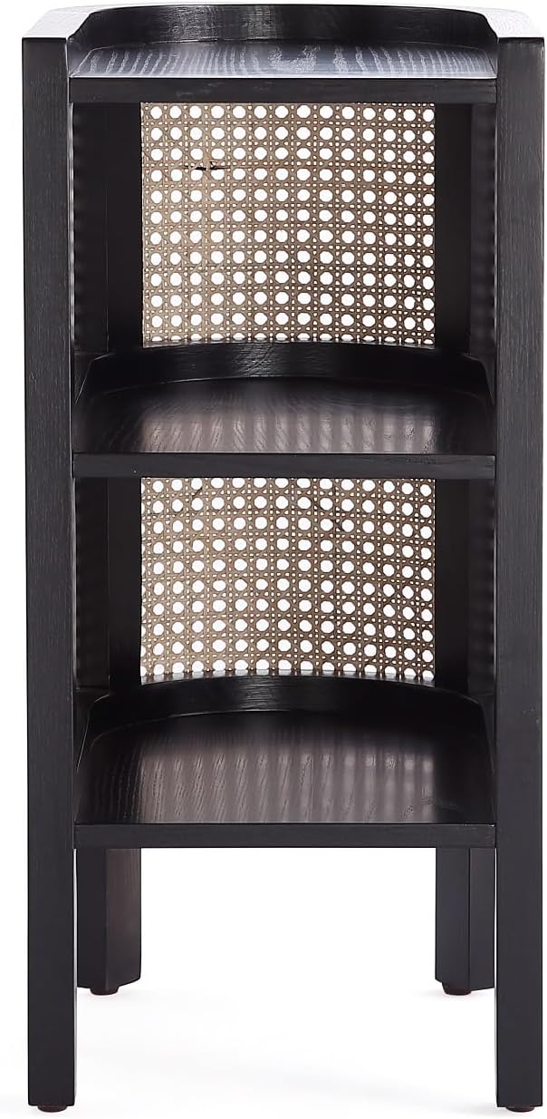 Manhattan Comfort Versailles Rattan Bedside End Table Accent Sofa Side Table for Living Room, Bedroom, Study and Home Office with 2 Shelf Storage, Set of 2, Black/Natural Cane