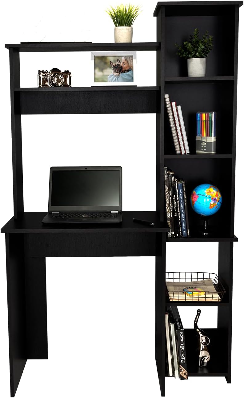 Tuhome Versalles Writing Desk with Two Superior Shelves, Five Side Open Storage Compartments, Space-Saving Modern Workstation Design for Studios and Offices, Ideal for Organization, Books