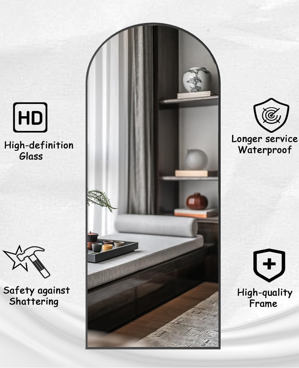Rowjut Floor Full Length Mirror, Arched Mirrors Full Length 76'x34' Freestanding Large & with Aluminum Frame&Wall Mounted & Hanging or Leaning& Full Body Mirror for Bedroom, Black