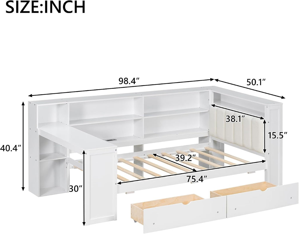 Bellemave Twin Corner Bed with Storage Shelves and Desk, Upholstered Headboard Daybed with Bookcase and Drawers，Daybed with Storage, White+Beige Cushion
