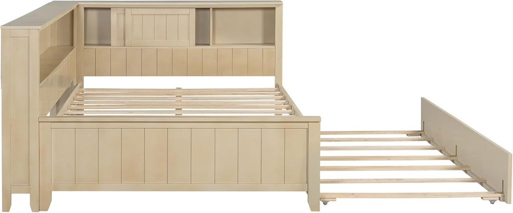 MERITLINE Full Size L-Shaped Daybed with Storage Shelf and Trundle, Wood Corner Bed with Headboard for Bedroom Living Room, Space Saving, Antique White Milk