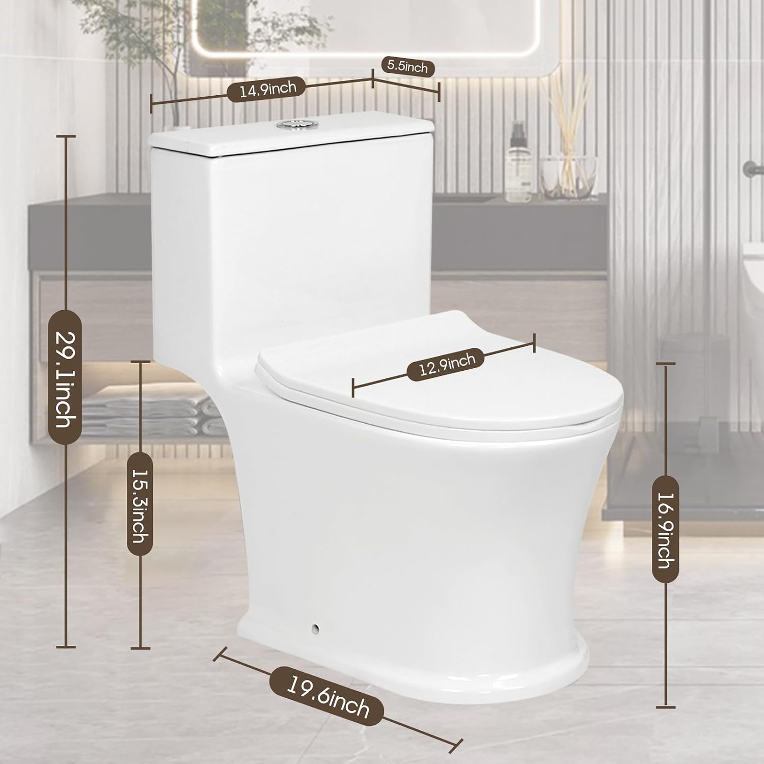 500W Upflush Toilet with Pump For Basement,4 Inlets for Basin/Laundry/Shower, One-piece Dual-Flush Elongated Chair Height Toilet with Soft Close Seat, Nano-glaze Finished