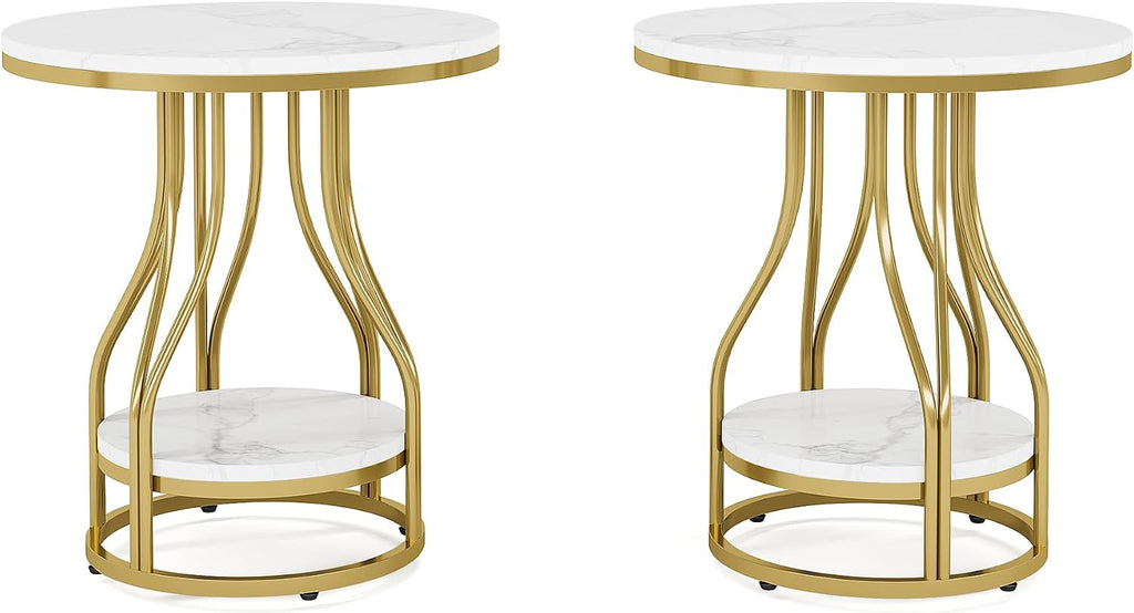 Tribesigns Round Side Table White Gold End Table Set of 2, 2-Tier End Table Modern Bedside Table Small Side Table with Storage Sofa Side Table with Metal Frame for Living Room