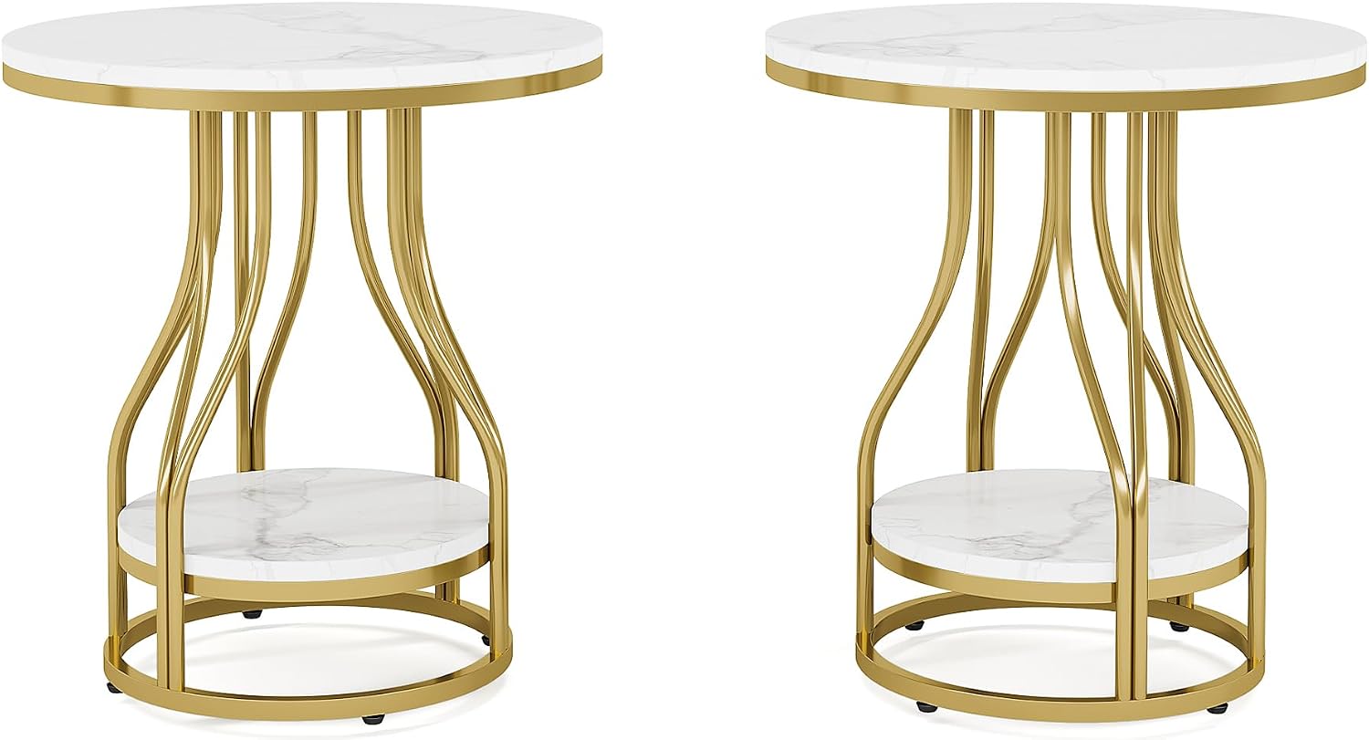 Tribesigns Round Side Table White Gold End Table Set of 2, 2-Tier End Table Modern Bedside Table Small Side Table with Storage Sofa Side Table with Metal Frame for Living Room