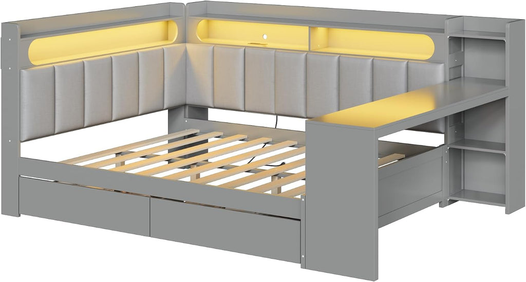 Merax Full Size Daybed Sofa Bed with Desk, 2 Drawers and Linen Upholstered Headboard and Backrest for Kids, Teens or Adults, Gray Wooden Corner Bed Platform Bed with Shelves, USB and Light