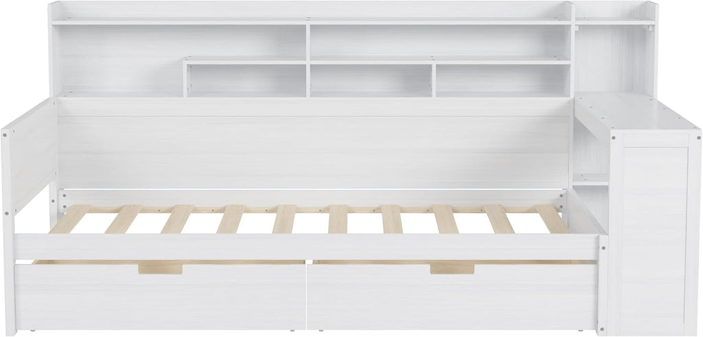 VilroCaz Wooden Twin Size Daybed with Storage Shelves and Study Desk, Multi-Functional Bed DayBed Frame with 2 Storage Drawers for Office Living Room Bedroom, Maximize Space (Antique White-8T)