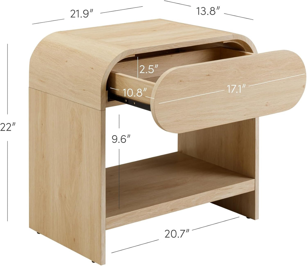 Nathan James Iris Mid-Century Modern Nightstand with Drawer, End Table with Storage for Bedroom or Living Room with Rounded Silhouette, Light Oak Set of 2
