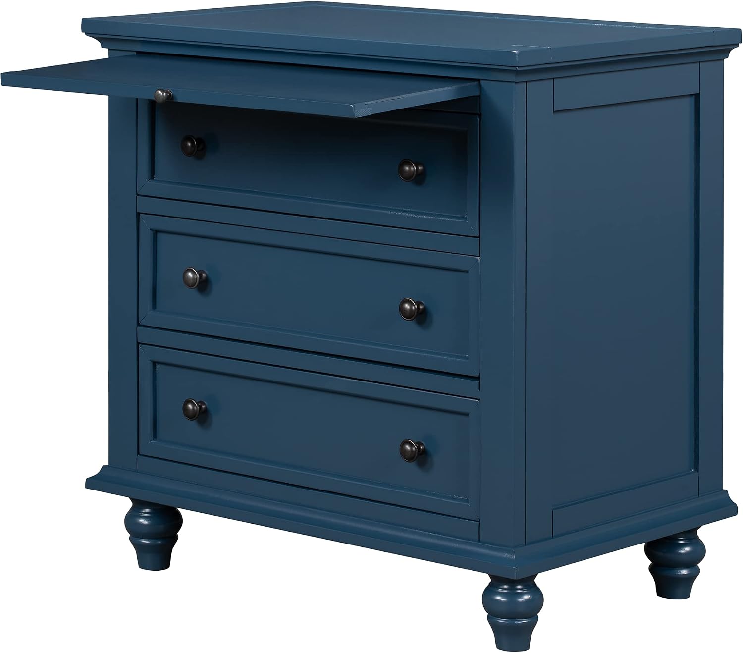 Farmhouse Wood Nightstand with 3 Storage Drawers, Bedside Table End Table with Pull Out Tray, Modern Wooden Side Table Dresser for Bedroom Hallway Living Room (Blue)