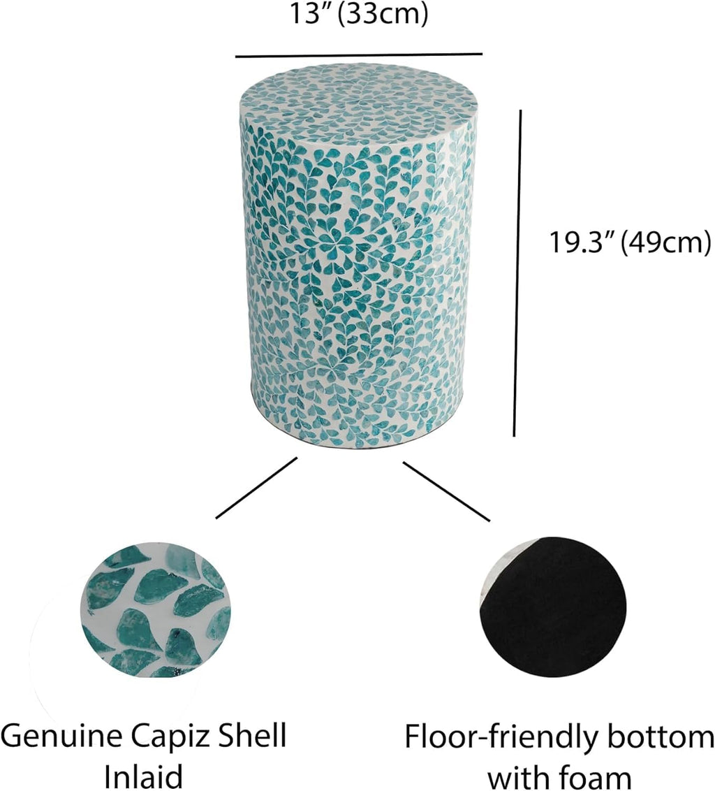 PEMAR Mother of Pearl Inlaid Cylinder Drum End Table Nacre Capiz Shell Side Table Stool Drum Accent Table Coffee Bedside Side Table Round Nightstand and Vanity Stool (Teal Floral)