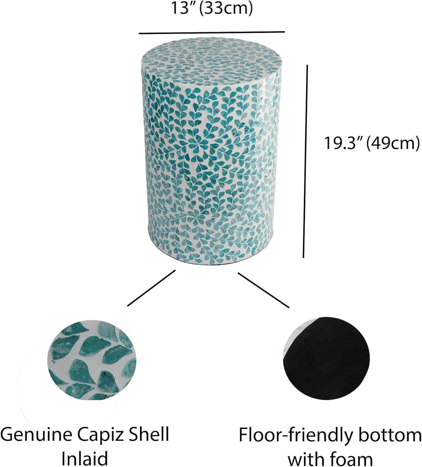 PEMAR Mother of Pearl Inlaid Cylinder Drum End Table Nacre Capiz Shell Side Table Stool Drum Accent Table Coffee Bedside Side Table Round Nightstand and Vanity Stool (Teal Floral)