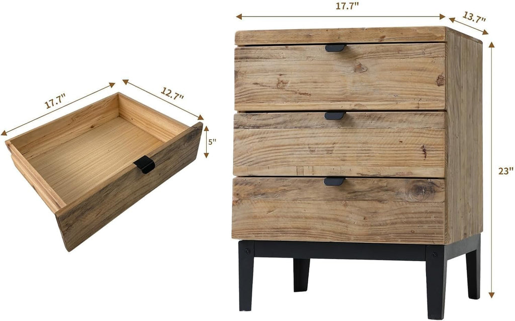 Wnutrees Farmhouse Nightstand Wood Bedside Table with 3-Drawers Bedside End Tables Storage for Living Room, Hallway, Handmade Distressed, Natural, Set of 2