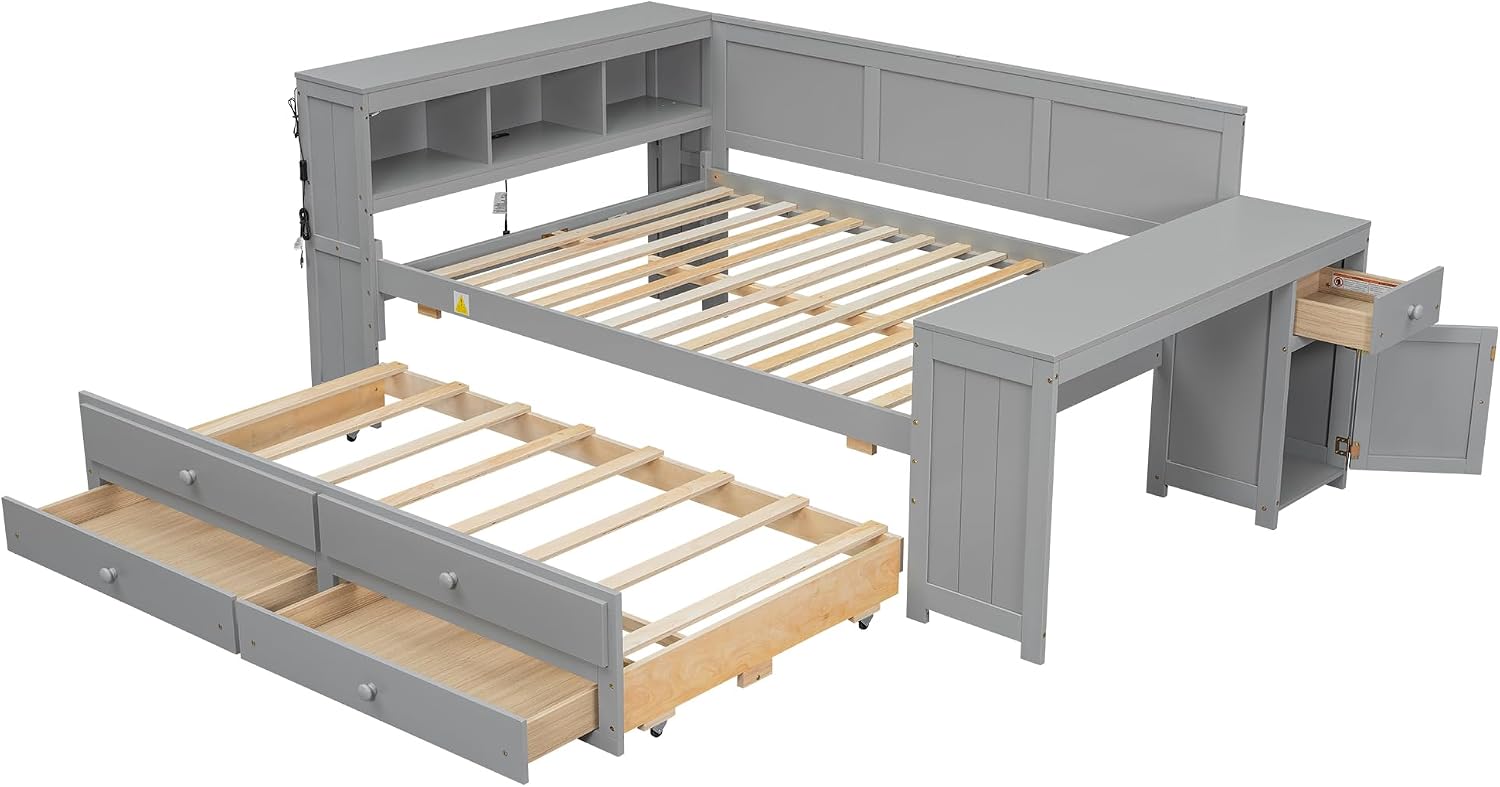 Merax Corner Full Bed Frame with Desk and Led Lights,Wood Platform Bed Frame with Trundle and 2 Drawers,Full Size Daybed with Storage and Charging Station for Living Room,Bedroom,Guest Room,Grey