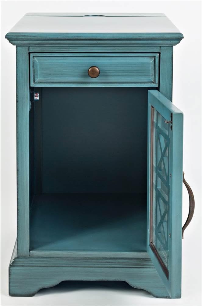 Jofran Farmhouse Craftsman End Table with Charging Station – Narrow Night Stands with USB Charging Port – Space-Saving Design for Bedroom, Living Room, or Entryway, Antique Blue