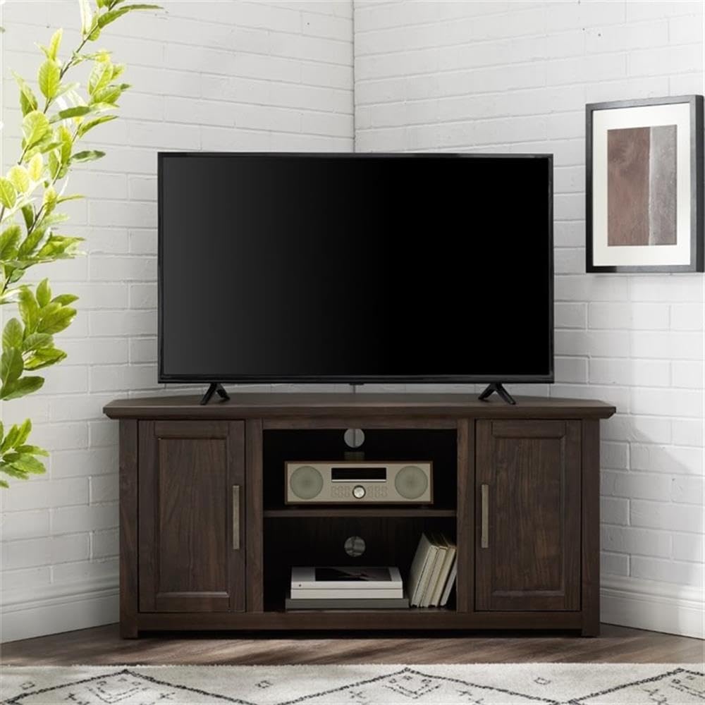 Pemberly Row Modern 48' Rustic Wood Corner TV Stand, Dark Walnut Finish, Fits TVs Up to 50 in, Adjustable Shelves, Antique Brass Hardware, Cable Management, Space-Saving Design for Living Room