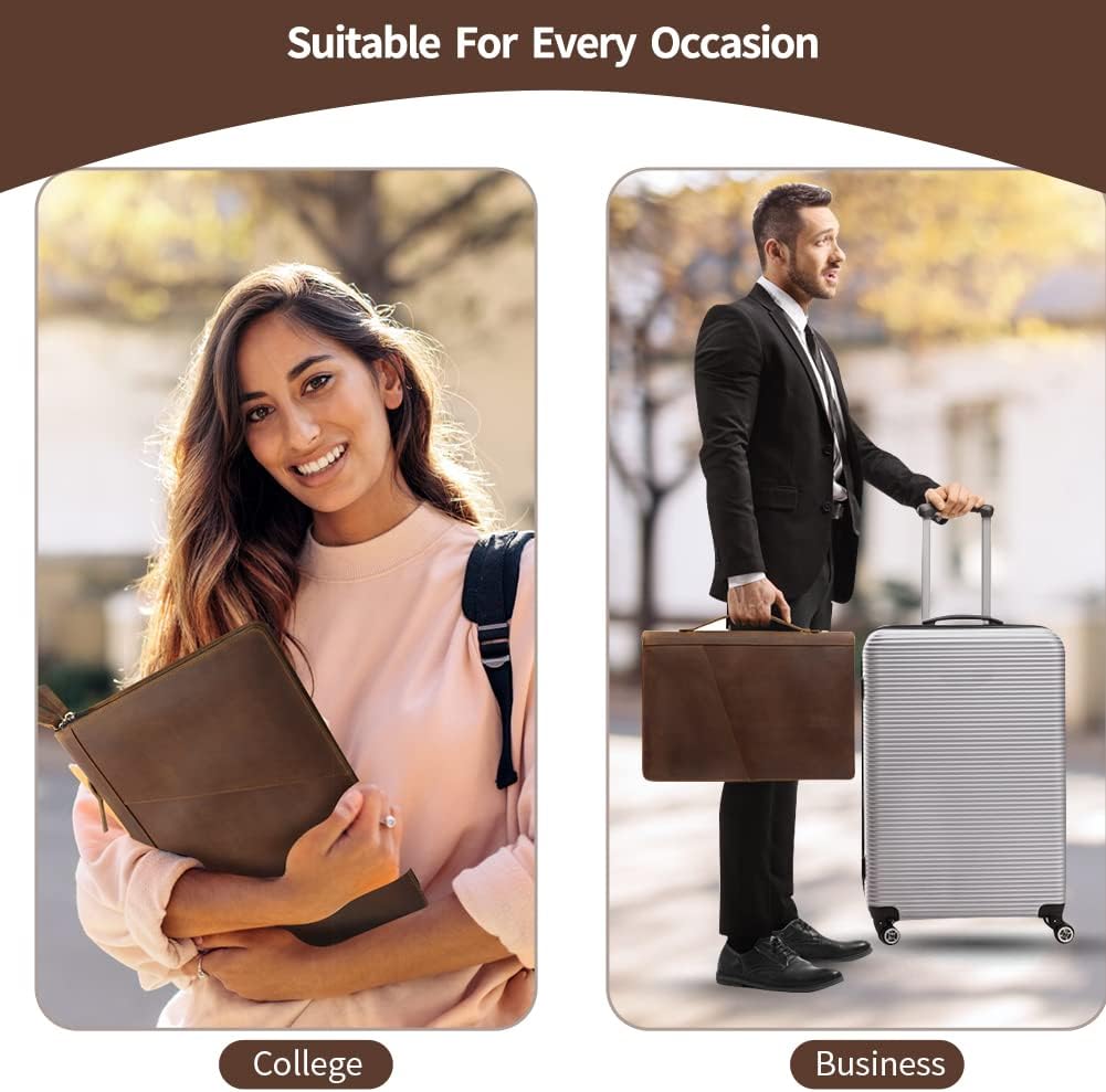 Ringsun Genuine Leather Portfolio Organizer for Men Women with Handle, Full Grain Leather Padfolio Folder with Zipper Business Resume Portfolio for 12.9' iPad, Brown, RS118
