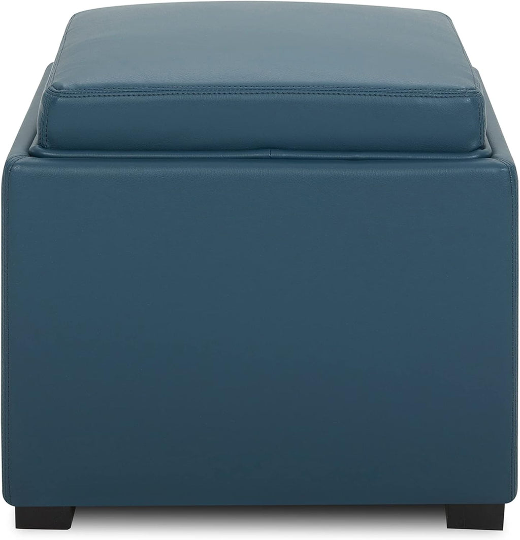 CHITA Storage Ottoman Cube with Tray Lid, Set of 2, Small Footstool with Storage, Square End Table for Living Room and Bedroom, Faux Leather in Dark Blue