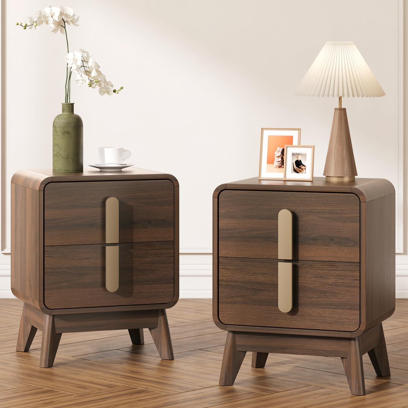 JOINICE, Nightstands Set of 2, Mid Century Modern Nightstand with Drawers, Bedside Tables with Solid Wood Legs, End Side Tables for Bedroom, Small Space,Walnut