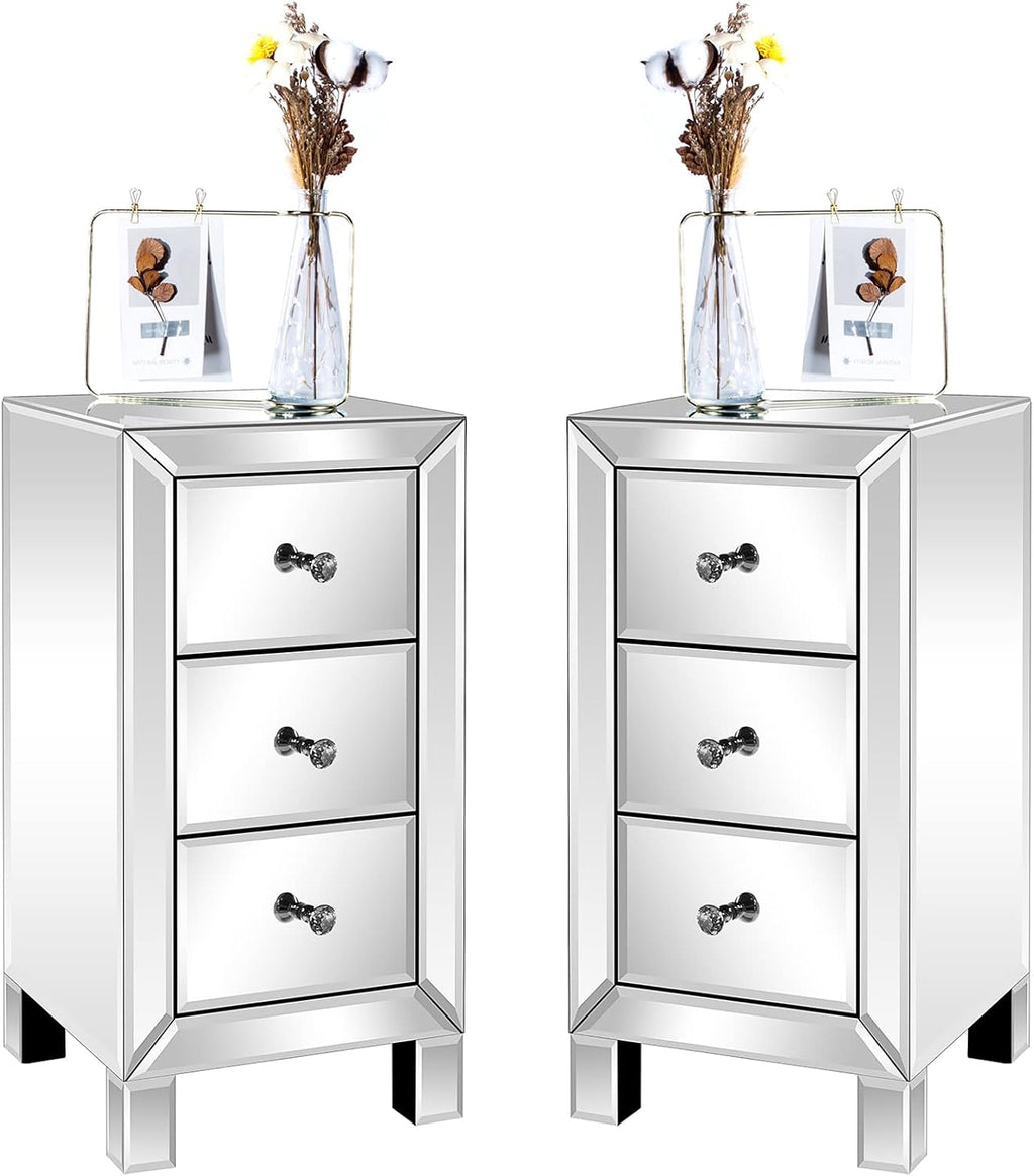 Bonnlo 3-Drawer Mirrored Nightstand Set of 2, End Table, Bedside Table, Glass Nightstand for Bedroom, Living Room, Silver, 11.7' L x 11.8' W x 23.8' H