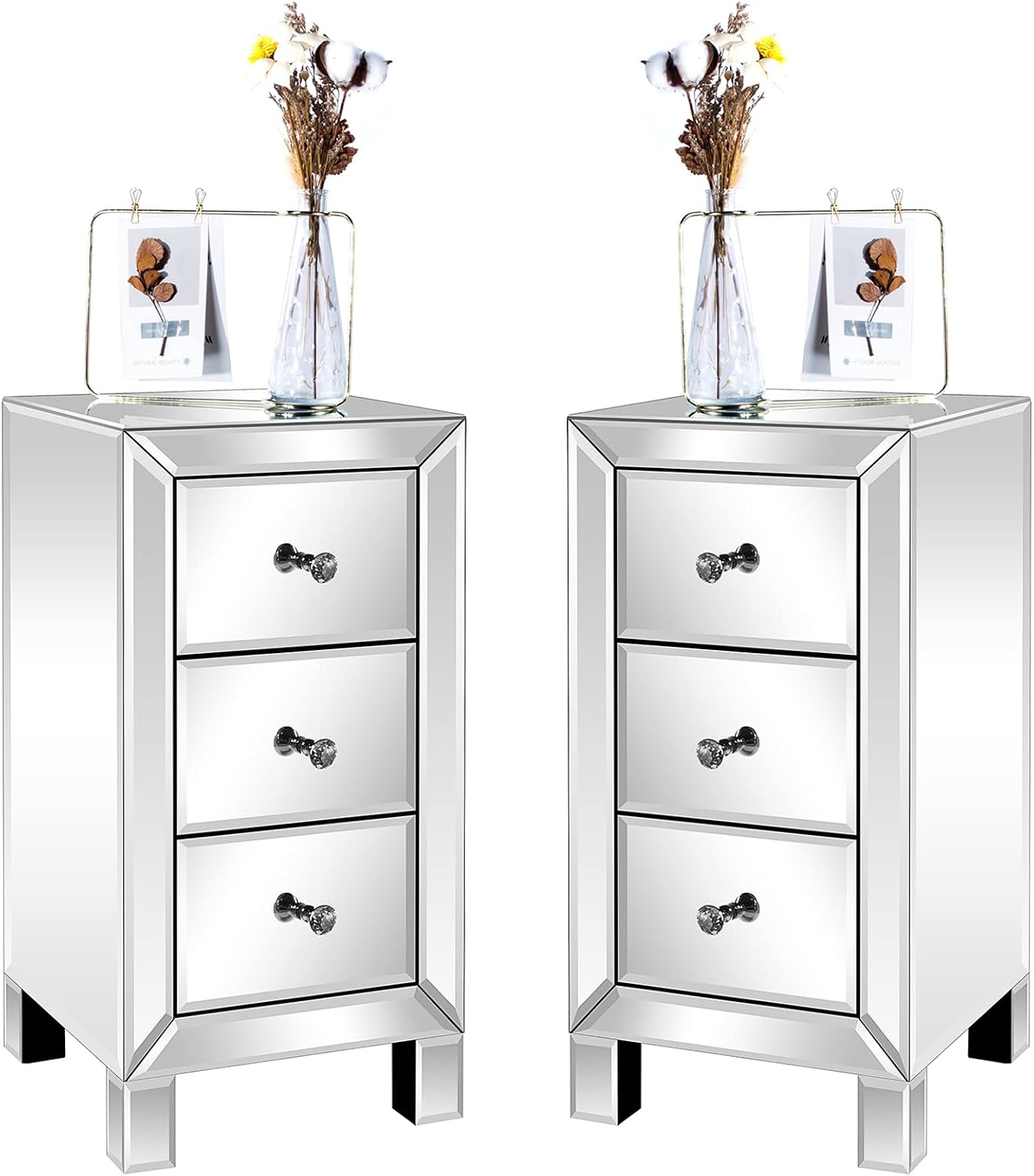 Bonnlo 3-Drawer Mirrored Nightstand Set of 2, End Table, Bedside Table, Glass Nightstand for Bedroom, Living Room, Silver, 11.7' L x 11.8' W x 23.8' H