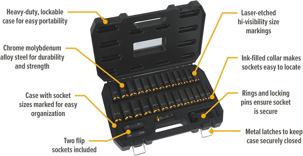 Klutch 1/2in.-Drive Deep Impact Socket Set, SAE + Metric, Chrome Molybdenum, 29-Pc.