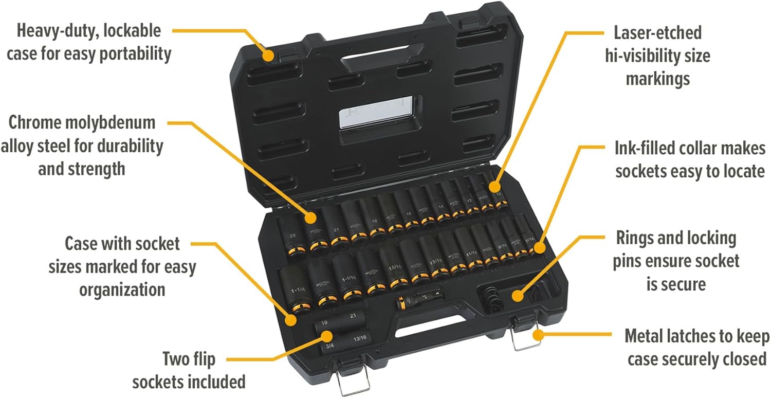 Klutch 1/2in.-Drive Deep Impact Socket Set, SAE + Metric, Chrome Molybdenum, 29-Pc.