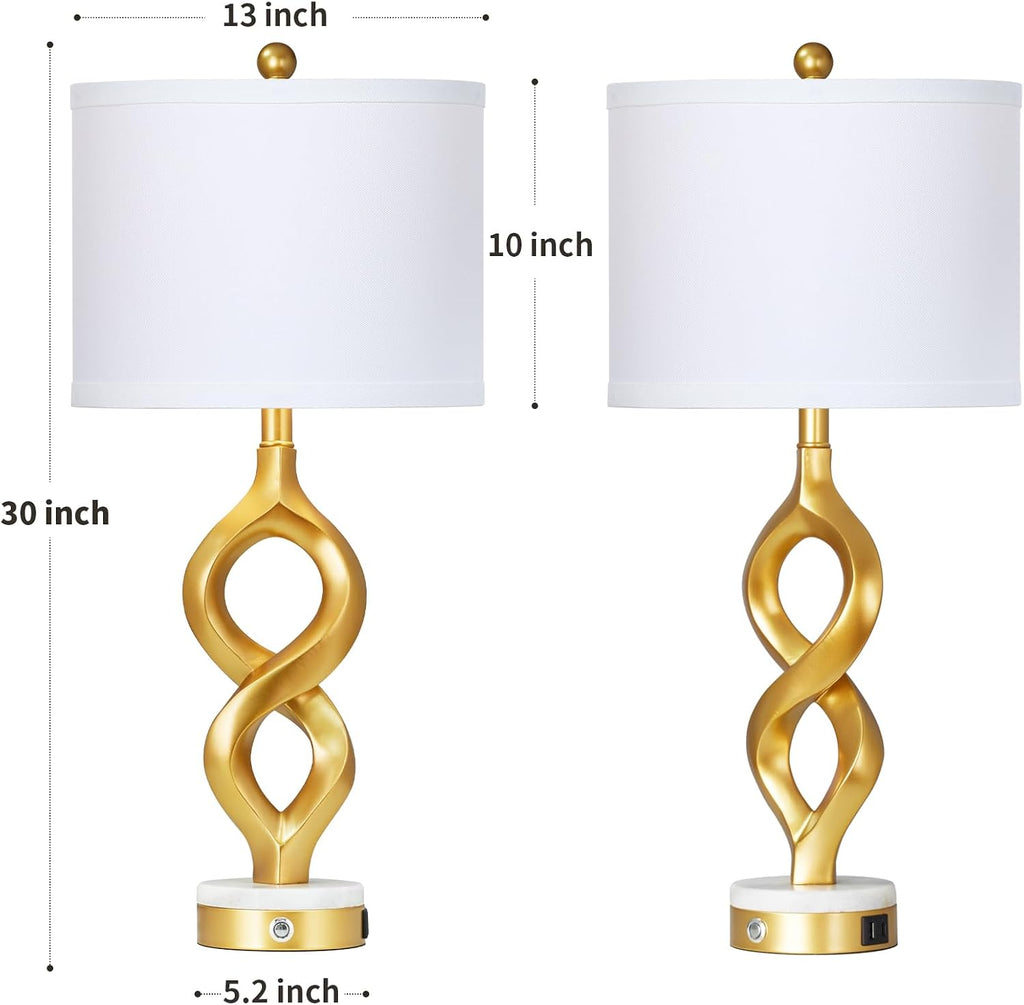 Cinyirong 30' White and Gold Table Lamps Set of 2 for Living Room, Modern Touch Control Bedside Lamps for Bedroom, 3-Way Dimmable Sculptural Resin Nightstand Lamps with USB A+C Ports and 2 LED Bulbs