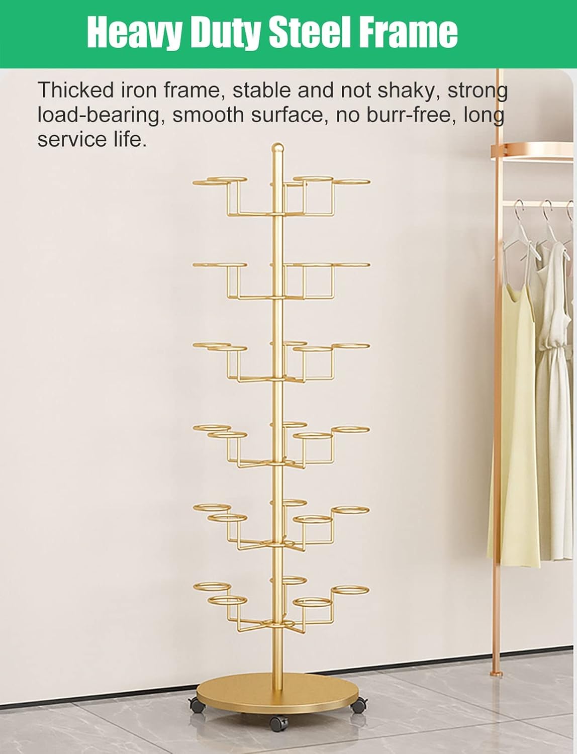 Hat Rack Hat Display Stand Floor Standing Gold Hat Racks Organisers with Wheels, Commercial Multi-Layer Hat Holder Stand for Cowboy/Baseball Caps, Large Capacity